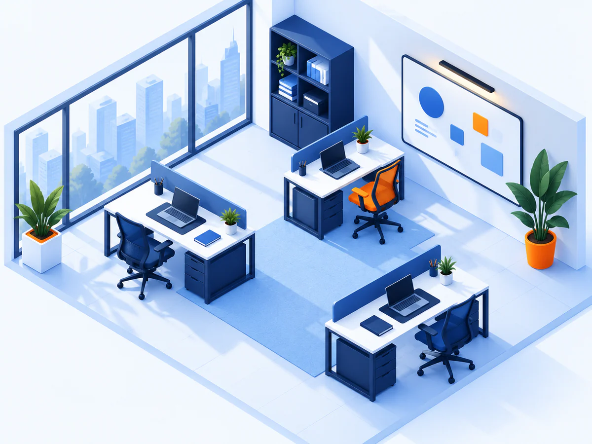 Illustration of a modern office with three desks and a city view