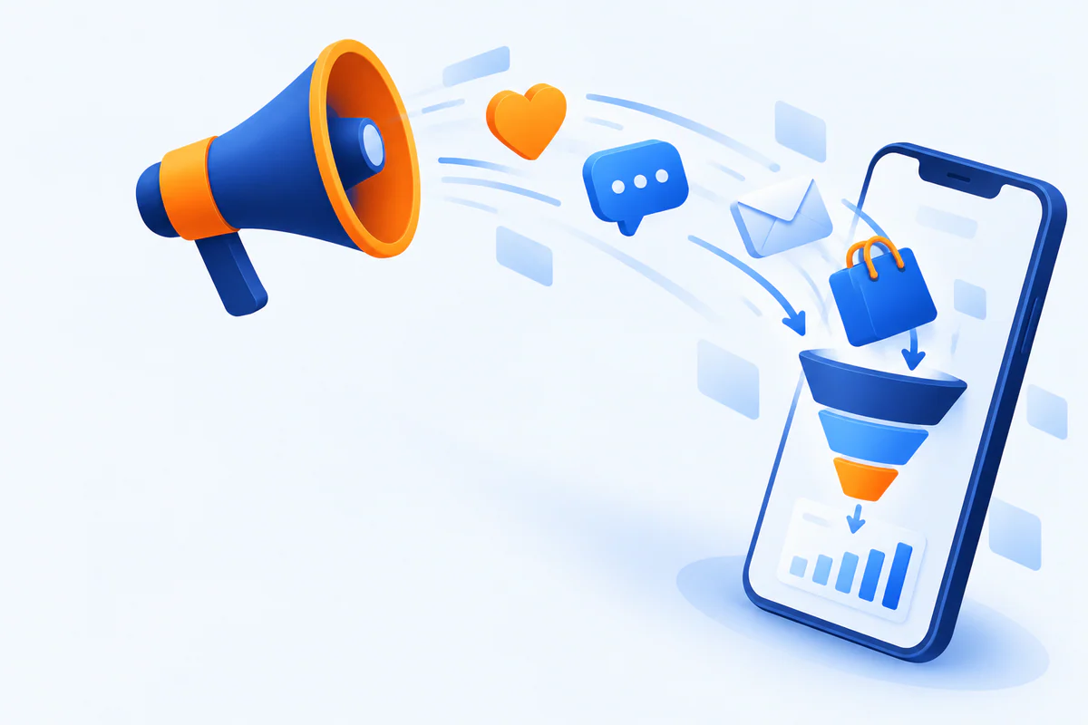 Illustration of a megaphone sending social and email campaigns