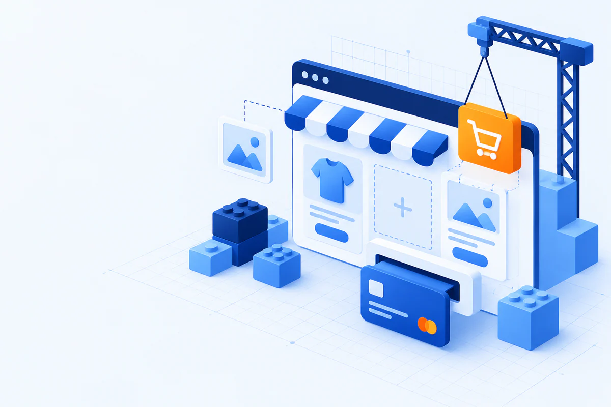 Illustration of an online store being built from blocks