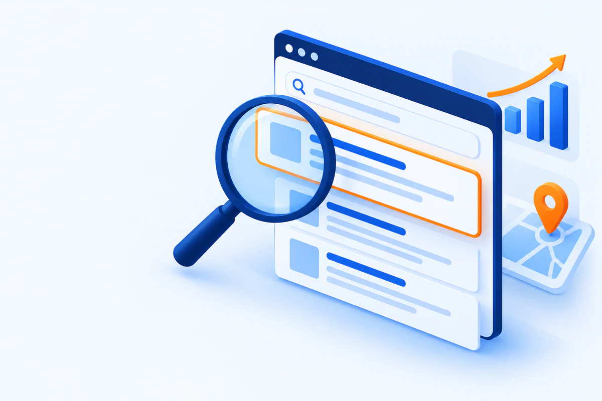 Illustration of a magnifying glass over search results