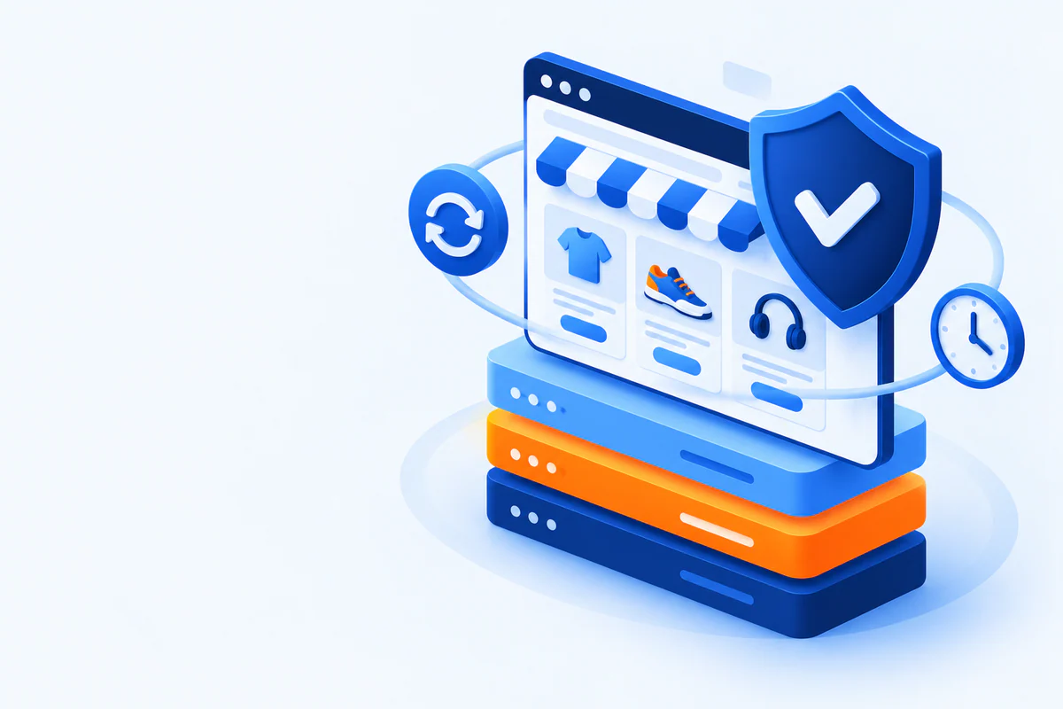 Illustration of a website protected by a shield with backups